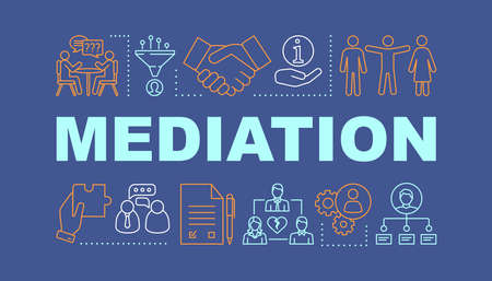 Mediation word concepts banner. Coworking. Dispute, conflict legal resolution. Presentation, website. Isolated lettering typography idea with linear icons. Divorce assist. Vector outline illustrationのイラスト素材