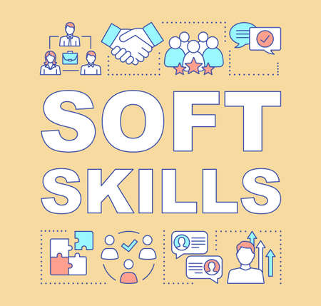 Soft skills word concepts banner. Teamwork idea, personal growth, professional relationship. Human resources presentation. Isolated typography idea with linear icons. Vector outline illustrationのイラスト素材