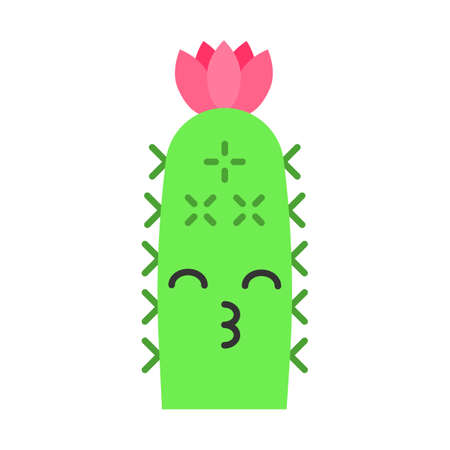 Hedgehog cactus flat design long shadow color icon. Cactus with kissing face. Echinopsis with smiling eyes and flower. Wild cacti. Happy plant. Succulent houseplant. Vector silhouette illustrationのイラスト素材