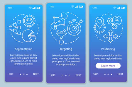 STP blue gradient onboarding mobile app page screen vector template. Market positioning walkthrough website steps with linear illustrations. UX, UI, GUI smartphone interface conceptのイラスト素材