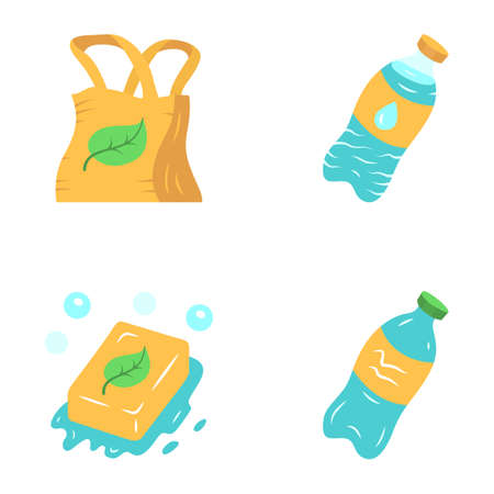 Zero waste swaps handmade flat design long shadow color icons set. Eco friendly, organic, natural, sustainable products. Plastic and water bottle, eco soap and bag. Vector silhouette illustrationsのイラスト素材