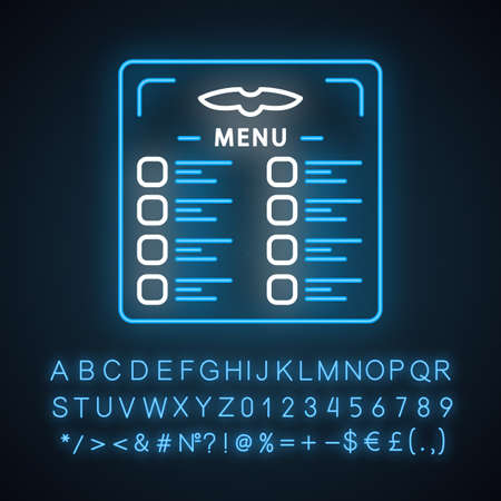 Flight menu neon light icon. Airplane nutrition. Aircraft meal. Plane dinner. Restaurant lunch. Aviation service. Glowing sign with alphabet, numbers and symbols. Vector isolated illustrationのイラスト素材