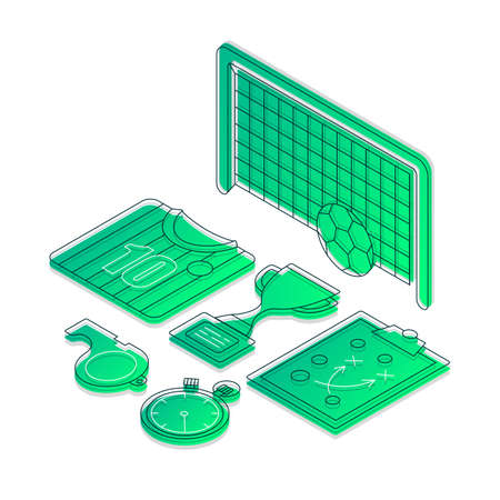 Soccer isometric color vector illustration. Football equipment linear icons infographic. Play sports 3d concept. Championship, tournament. Gradient isolated design elements on white backgroundのイラスト素材