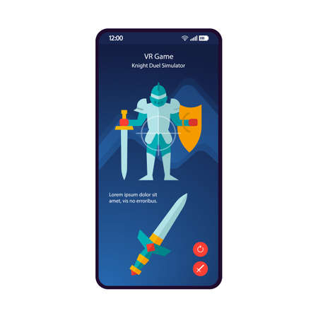 VR game smartphone interface vector template. Mobile app page blue design layout. Virtual reality gaming, tournament screen. Flat UI for application. Knight duel simulator. Hero play. Phone displayのイラスト素材
