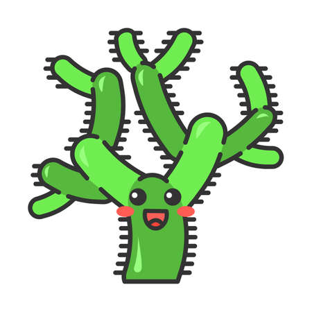 Teddy bear cholla cactus cute kawaii vector character. Cylindropuntia with laughing face. Flushed cacti. America native tropical plant. Funny emoji, emoticon. Isolated cartoon color illustrationのイラスト素材