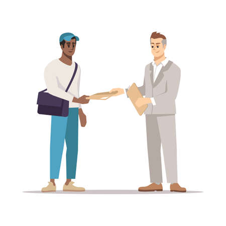 Delivering document to addressee flat illustration. Courier, errand boy giving envelope, parcel isolated cartoon character on white background. Businessman, manager receiving business correspondenceのイラスト素材