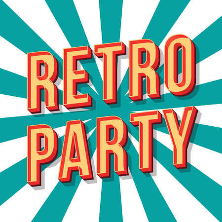 Retro party vintage 3d vector lettering. Retro bold font. Pop art stylized text. Old school style letters. Comics poster, banner, invitation typography design. White and teal rays color backgroundのイラスト素材