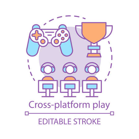 Cross platform play, cybersport concept icon. Multiplayer, remote connection idea thin line illustration. Esports competition, online gaming. Vector isolated outline drawing. Editable strokeのイラスト素材