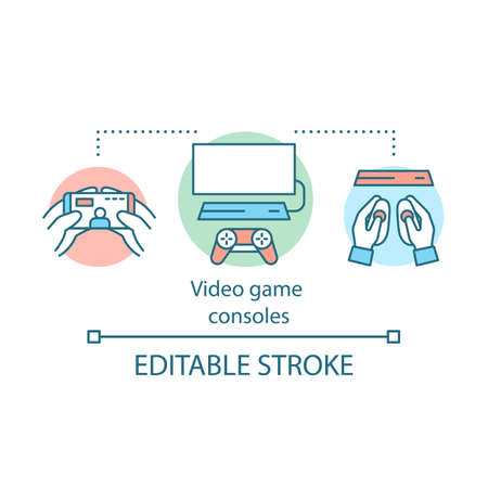 Video game consoles concept icon. Cross platform multiplayer, online gaming idea thin line illustration. Entertainment technology, cloud computing. Vector isolated outline drawing. Editable strokeのイラスト素材