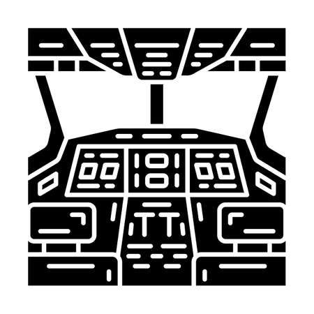 Cockpit glyph icon. Pilots cabin. Airplane equipment. Aviating lever. Jet control. Aviation service. Aircraft travel. Airliner journey. Silhouette symbol. Negative space. Vector isolated illustrationのイラスト素材
