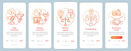 Startup investment onboarding mobile app page screen with linear concepts. Search investor for business walkthrough steps graphic instructions. UX, UI, GUI vector template with illustrationsのイラスト素材