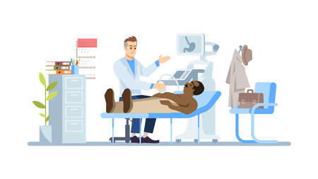 Gastroenterologist examining man flat vector illustration. Doctor, patient isolated cartoon characters on white background.Abdominal ultrasound. Stomach pain, illness. Medical check, healthcareのイラスト素材