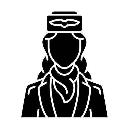 Stewardess glyph icon. Air hostess. Airplane team. Aircrew. Plane worker. Jet uniform. Aviation service staff. Airliner journey. Silhouette symbol. Negative space. Vector isolated illustrationのイラスト素材