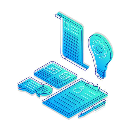 Business analytics isometric color vector illustration. Startup audit linear icons infographic. Project planning 3d concept. Talent management gradient isolated design elements on white backgroundのイラスト素材