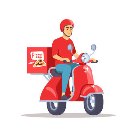 Pizza delivery flat vector illustration. Male courier on scooter delivering meal, fresh snack isolated cartoon character on white background. Odd job, part-time occupation idea for studentsのイラスト素材