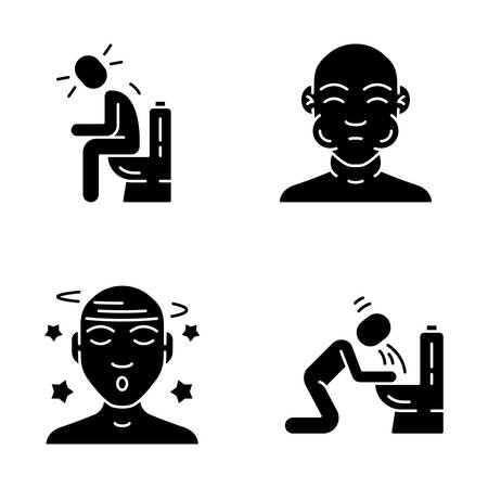 Food poisoning, allergy glyph icons set. Fatigue, malaise, vertigo illness. Mumps, flu symptoms. Silhouette symbols. Vomiting, diarrhea, constipation allergic reaction. Vector isolated illustrationのイラスト素材