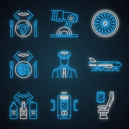 Aviation services neon light icons set. Pilot, airplane comfortable seating. Flight breakfast, lunch and drinks. Aircraft travel. Journey amenities. Glowing signs. Vector isolated illustrationsのイラスト素材