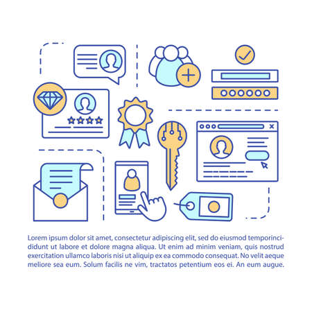 Membership article page vector template. Brochure, magazine, booklet design element, linear icons, text boxes. Personal account. Website registration. Print design. Concept illustrations, text spaceのイラスト素材