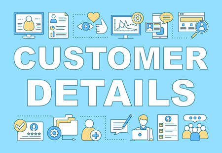Customer details word concepts banner. Client identity. Commercial information. CRM software. Presentation, website. Isolated lettering typography idea with linear icons. Vector outline illustrationのイラスト素材