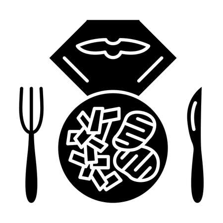 Flight lunch vector glyph icon. Food on plate. Airplane nutrition. Cutlery. Plane dinner. Jet menu. Aviation service. Aircraft travel. Silhouette symbol. Negative space. Isolated illustrationのイラスト素材
