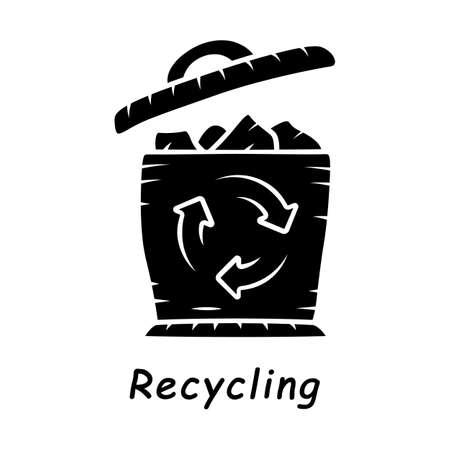 Recycling glyph icon. Environmental sustainability. Trash sorting. Plastic, paper garbage utilization. Waste recycling. Trashcan. Silhouette symbol. Negative space. Vector isolated illustrationのイラスト素材