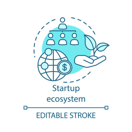 Startup ecosystem concept icon. Environmental organizations financing. Young business support system idea thin line illustration. Vector isolated outline drawing. Editable strokeのイラスト素材