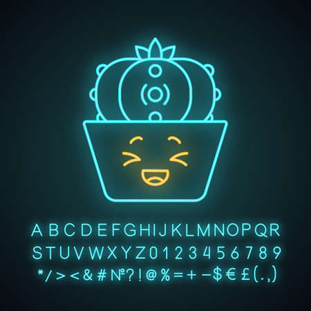 Peyote cactus cute kawaii neon light character. Cactus with laughing face. Lophophora. Cacti in pot. Funny emoji, emoticon. Glowing icon with alphabet, numbers, symbols. Vector isolated illustrationのイラスト素材