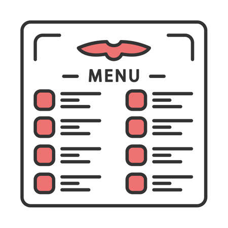 Flight menu color icon. Airplane nutrition. Aircraft meal. Plane dinner. Restaurant lunch. Aviation service. Aircraft travel. Journey amenity. Airline facilities. Isolated vector illustrationのイラスト素材