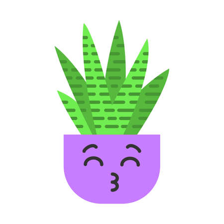 Zebra cactus flat design long shadow color icon. Cactus with kissing face. Happy Haworthia. Home cacti in pot. Small succulent plant with smiling eyes. Houseplant. Vector silhouette illustrationのイラスト素材