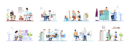Visiting clinic flat vector illustrations set. Doctors, patients isolated cartoon characters on white background. Medical exam. Ophthalmologist, cardiologist, dermatologist, surgeon, pediatricianのイラスト素材