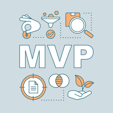 MVP word concepts banner. Minimum viable product. Pilot project. Startup launch. Presentation, website. Isolated lettering typography idea with linear icons. Vector outline illustrationのイラスト素材