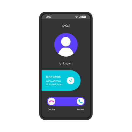 ID call smartphone interface vector template. Mobile app page black design layout. Unknown number, caller identification, spoofing screen. Flat UI for application. Spam blocking feature. Phone displayのイラスト素材