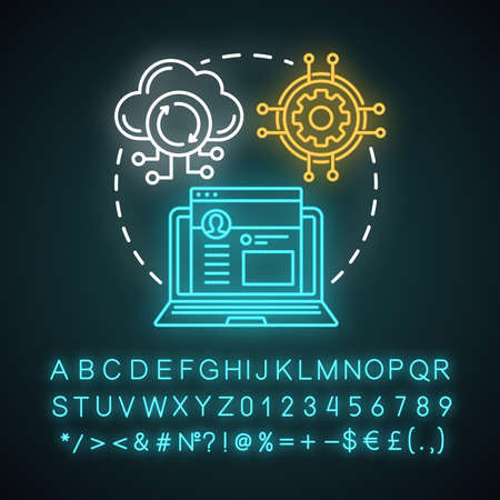 Digital platform neon light concept icon. Online network, communication app idea. Glowing sign with alphabet, numbers and symbols. Social media, cloud technology. Vector isolated illustrationのイラスト素材
