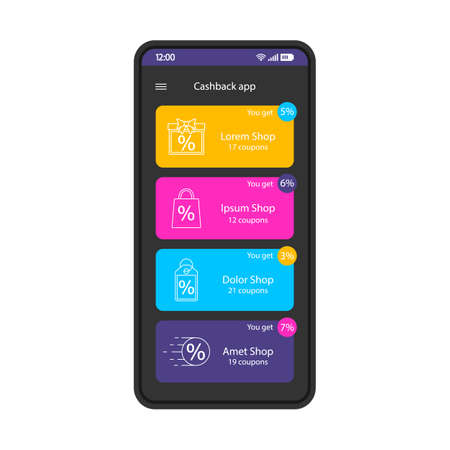 Cashback app smartphone interface template. Discounts, special offers, sale mobile website page design layout. Cashback sites, coupons screen. Money back shopping application flat UI. Phone displayのイラスト素材