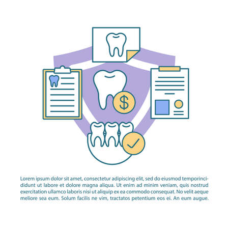 Dental insurance article page vector template. Treatment guarantee. Brochure, magazine, booklet design element with linear icons and text boxes. Print design. Concept illustrations with text spaceのイラスト素材