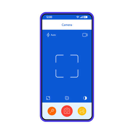 Smartphone camera interface vector template. Mobile camera screen. Photo device. Mobile app page blue design layout. Flat UI for photography application. Photo phone displayのイラスト素材