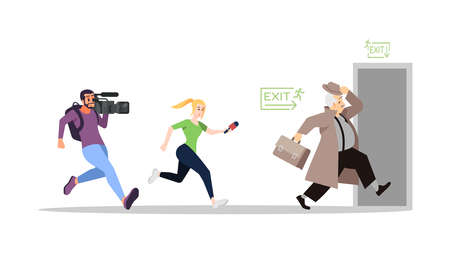 Journalist interviewing running away politician flat illustration. Press reportage, mass media, journalism. Correspondents, news reporters, paparazzi chasing famous person isolated cartoon charactersのイラスト素材