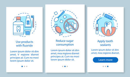Caries prevention onboarding mobile app page screen with linear concepts. Reduce likelihood of dental disease walkthrough steps graphic instructions. UX, UI, GUI vector template with illustrationsのイラスト素材