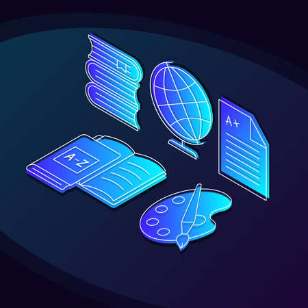 University education isometric color vector illustration. Studying linear icons infographic. School subjects, classes 3d concept. Academic learning. Knowledge web design on dark blue backgroundのイラスト素材