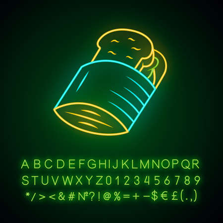 Reusable sandwich bag neon light icon. Zero waste recyclable paper lunch bag for hamburgers. Disposable snack container. Glowing sign with alphabet, numbers and symbols. Vector isolated illustrationのイラスト素材