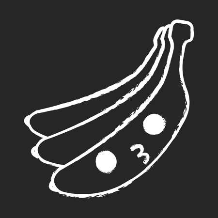 Bananas cute kawaii chalk character. Happy fruits with smiling face. Embarrassed food. Funny emoji, emoticon, kiss. Vector isolated chalkboard illustrationのイラスト素材