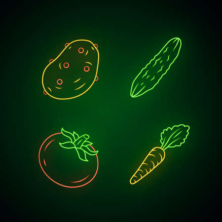 Vegetables neon light icons set. Potato, cucumber, tomato, carrot. Vitamin and diet. Healthy nutrition ingredient. Vegetarian food. Glowing signs. Vector isolated illustrationsのイラスト素材