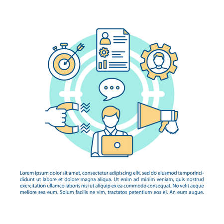 Influence turquoise circle article page vector template. Brochure, magazine, booklet design element with linear icons and text boxes. Print design. Concept illustrations with text space のイラスト素材