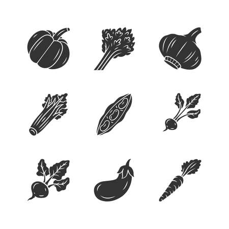 Vegetables glyph icon. Pumpkin, beet, corn, tomato, pepper. Vitamin and diet. Healthy nutrition. Salad ingredient. Silhouette symbol. Negative space. Vector isolated illustrationのイラスト素材