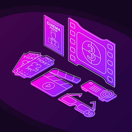 Cinema isometric color vector illustration. Movie theater linear icons infographic. Cinematography, video production, filmmaking 3d concept. Watching film gradient isolated design elementsのイラスト素材