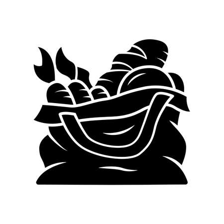 Reusable produce bag glyph icon. Zero waste recyclable textile bag for grocery products. Organic market tote. Silhouette symbol. Negative space. Vector isolated illustrationのイラスト素材