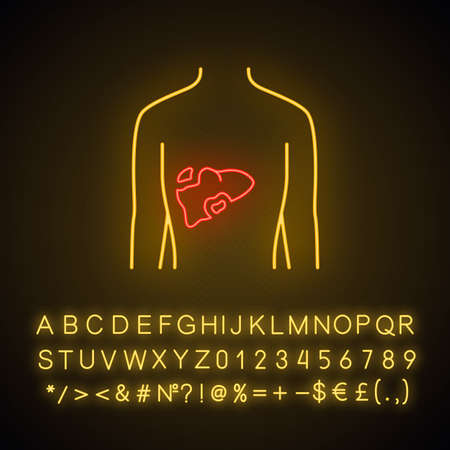 Ill liver neon light icon. Hepatitis, cirrhosis. Sore human organ. Unhealthy digestive gland. Gastrointestinal tract.  Glowing sign with alphabet, numbers and symbols. Vector isolated illustrationのイラスト素材