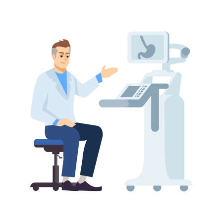 Gastroenterologist at work flat vector illustration. Professional doctor at workplace isolated cartoon character on white background. Abdominal ultrasound. Technical medical equipment. Stomach examのイラスト素材