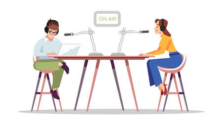 Radio news flat vector illustration. Live podcast, broadcasting. On air concept. Radio DJs in headsets with microphones at studio isolated cartoon characters. Presenters, journalists workingのイラスト素材