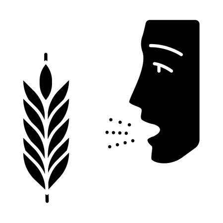 Wheat allergy glyph icon. Allergic asthma, rhinitis. Gluten intolerance. Hypersensitivity of immune system. Seasonal allergy. Silhouette symbol. Negative space. Vector isolated illustrationのイラスト素材